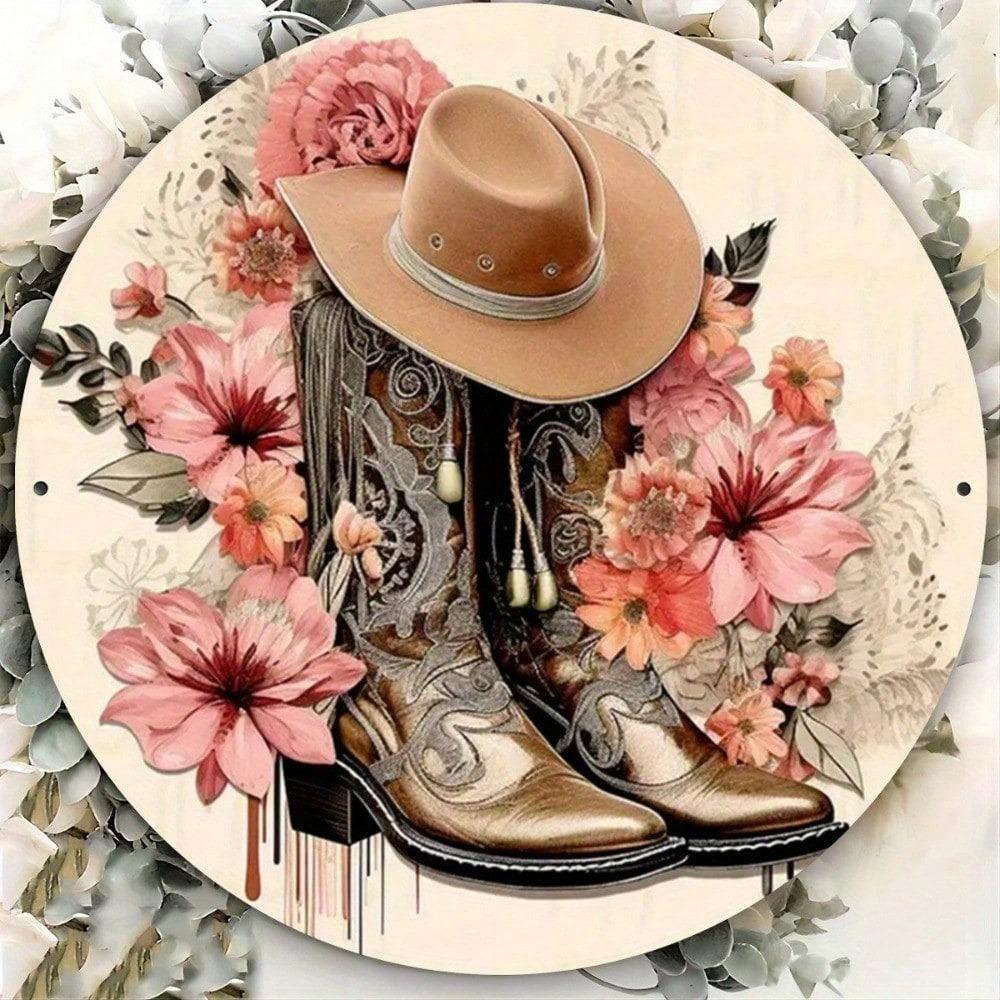 Vintage Floral Tin Sign 8x8 Inch, Pink Retro Boots Metal Wall Art, Rustic Home Bar Cafe Decor, Iron Sheet Plaque
