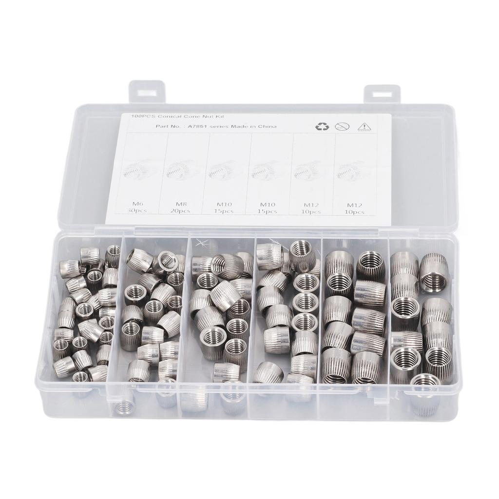 100Pcs 304 Stainless Steel Conical Nut 6mm 8mm 10mm 12mm 4 Types Knurled Implosion Cone Nut