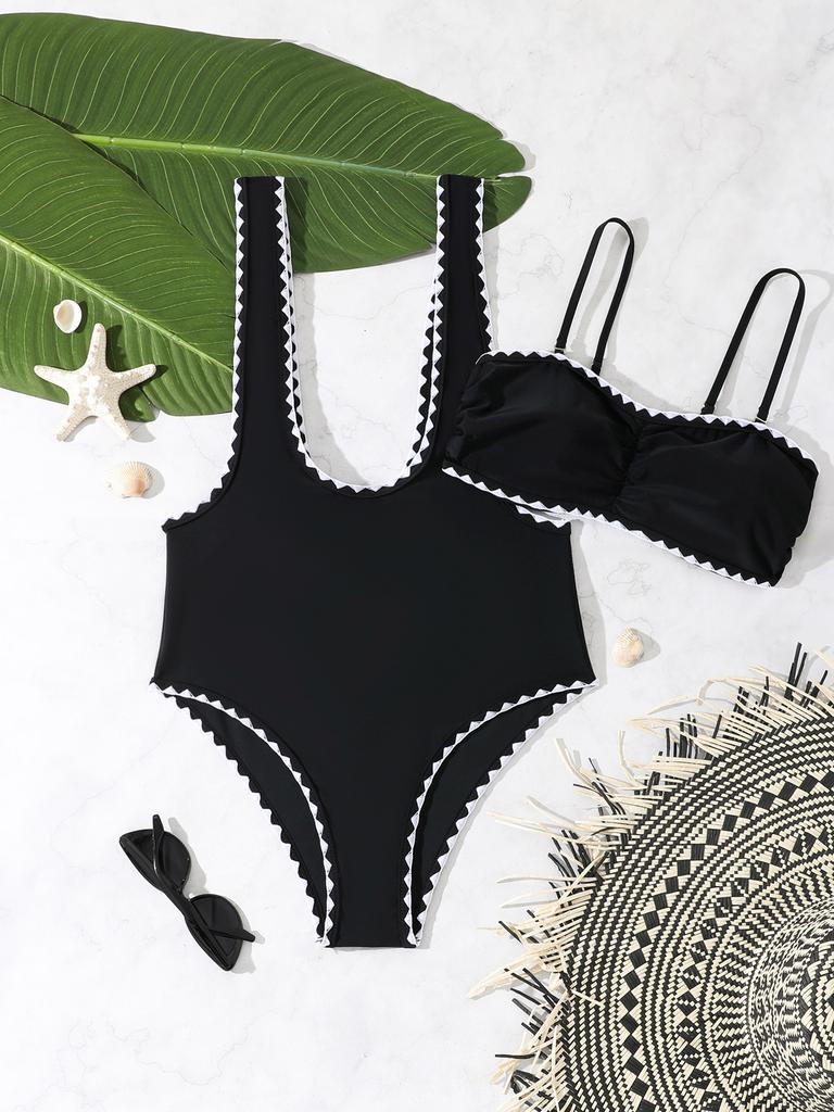 Fashion Black Two Piece Triangle Bikini Set Sexy Backless Swimsuit For Beach Vacation