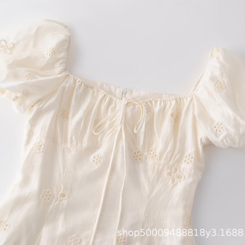 French Gentle and Pure Temperament Hollow Embroidery Lace-up Dress Women's Summer New Holiday Style Thin Dress