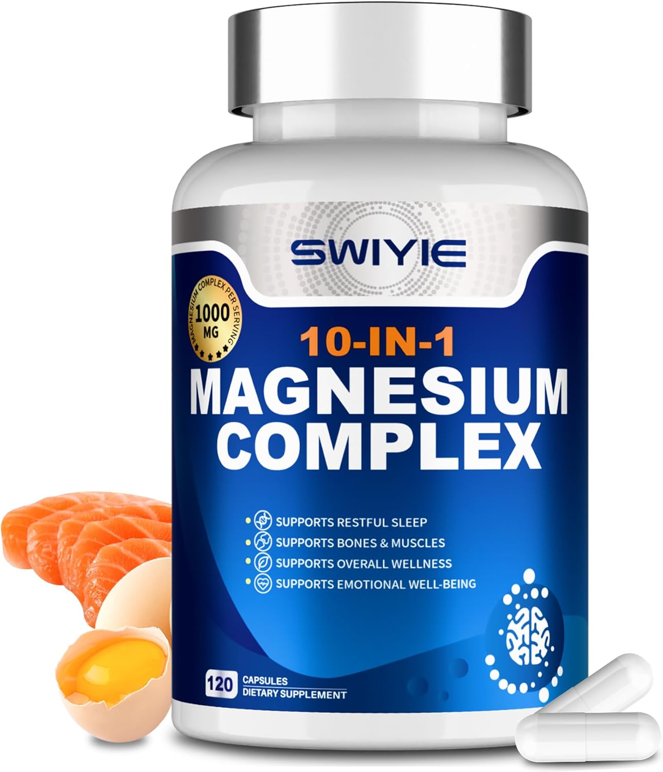 SWIYIE Complesso di Magnesio 10-in-1 1000mg - Integratore con Glicinato Taurato, Capsule Vegane per il Supporto Muscolare, Cardiaco e Rilassamento 120 capsule. 1 pack