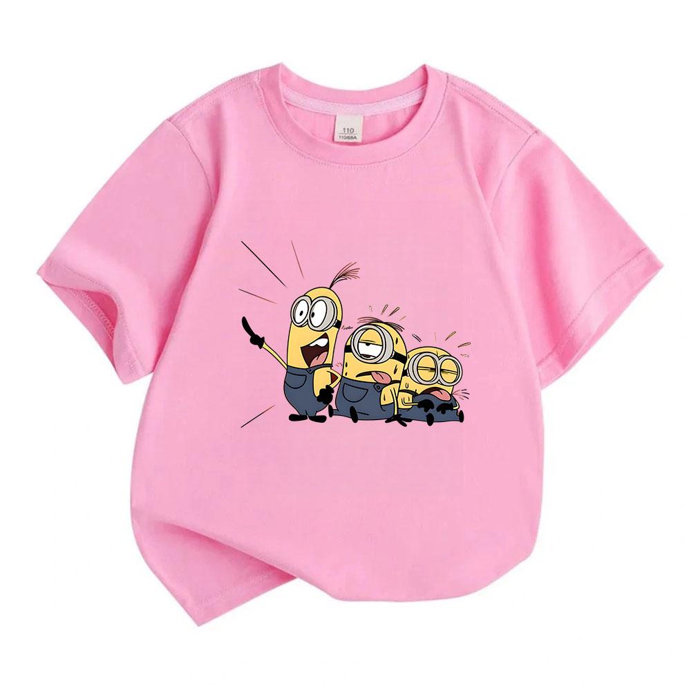 Kids Boys Girls 100% Cotton Crew Neck Short Sleeve T-Shirt, Cute Cartoon Three Funny Yellow Characters Print Casual Soft Tee Tops for Children Daily W