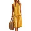 Women Sleeveless Button Decor Top with Side Slits and Mid-Length Loose Fit Pants Two-Piece Set Casual Summer Outfit Linen Blend