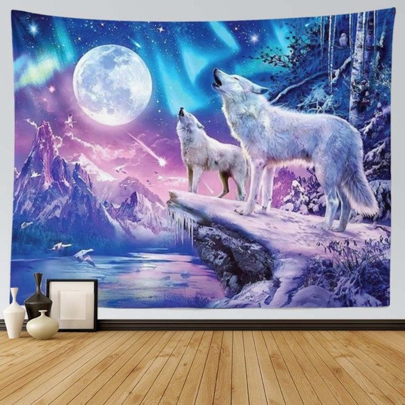 Tapestry howling wolf wolf moon galaxy 75x100