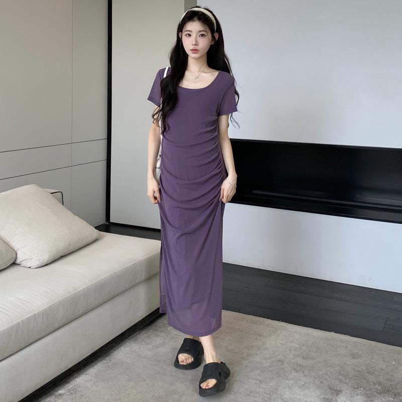 2026 Summer Maternity Mesh Short Sleeve Dress - Elegant Slim Fit Long Skirt L фиолетовый