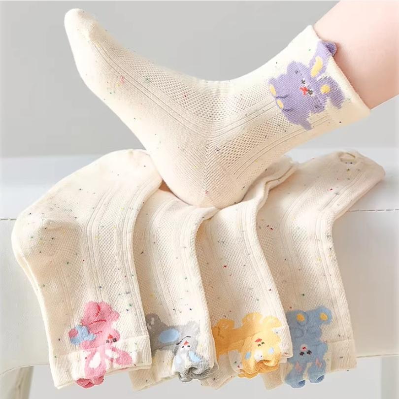 5Pairs Children's Socks Spring Summer Cartoon Animals Breathable Mesh socks For Girls Dot Yarn Design Skin-friendly Soft Kids Mid-tube Socks