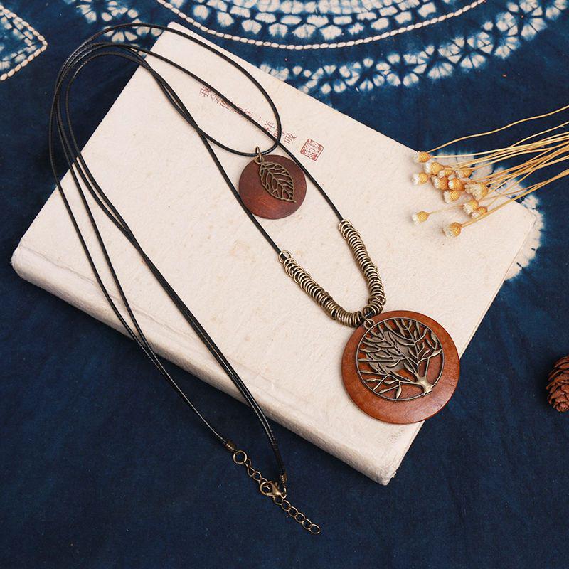 Retro Leather Rope Necklace with Wooden Alloy Pendant for Cotton and Linen Sweaters