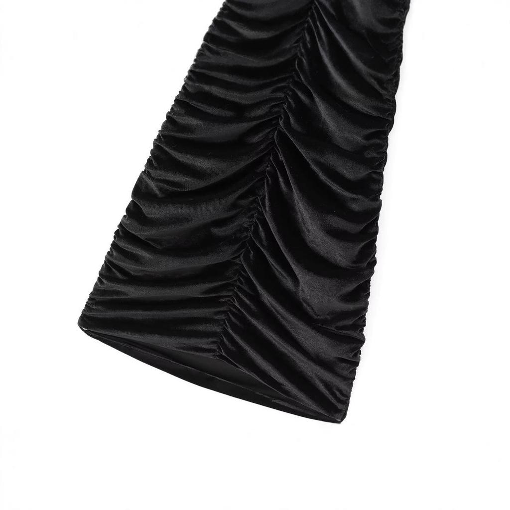 2024 European and American Women's Sexy Slimming Black Velvet Pleated Bodycon Dress