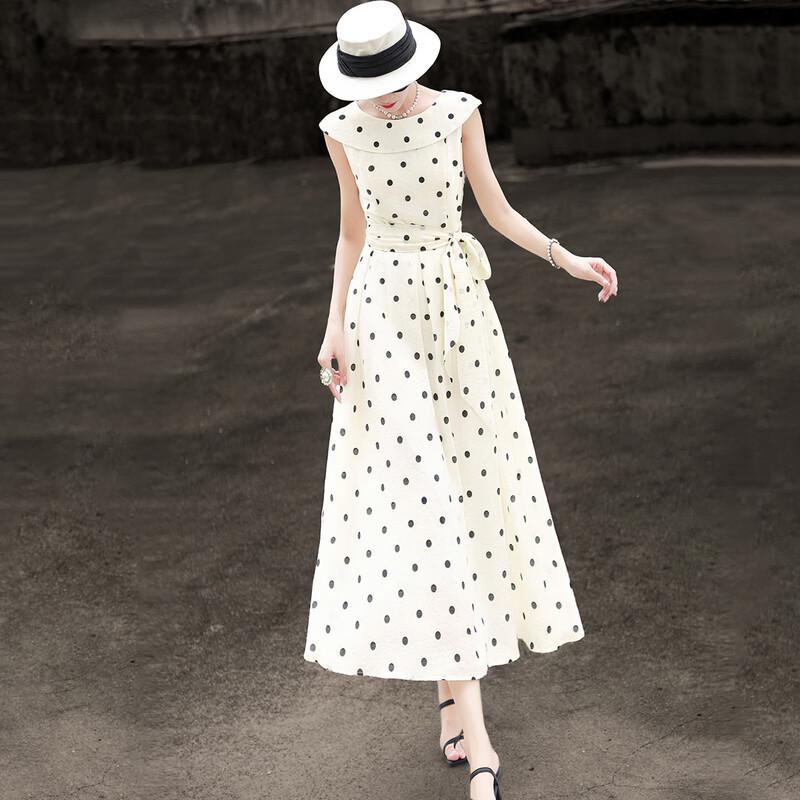 Lanser Elegant Polka Dot V-Neck A-Line Midi Dress L