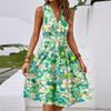 Women's Spring And Summer Casual V-Neck Sleeveless Waist Floral Print Midi Dress