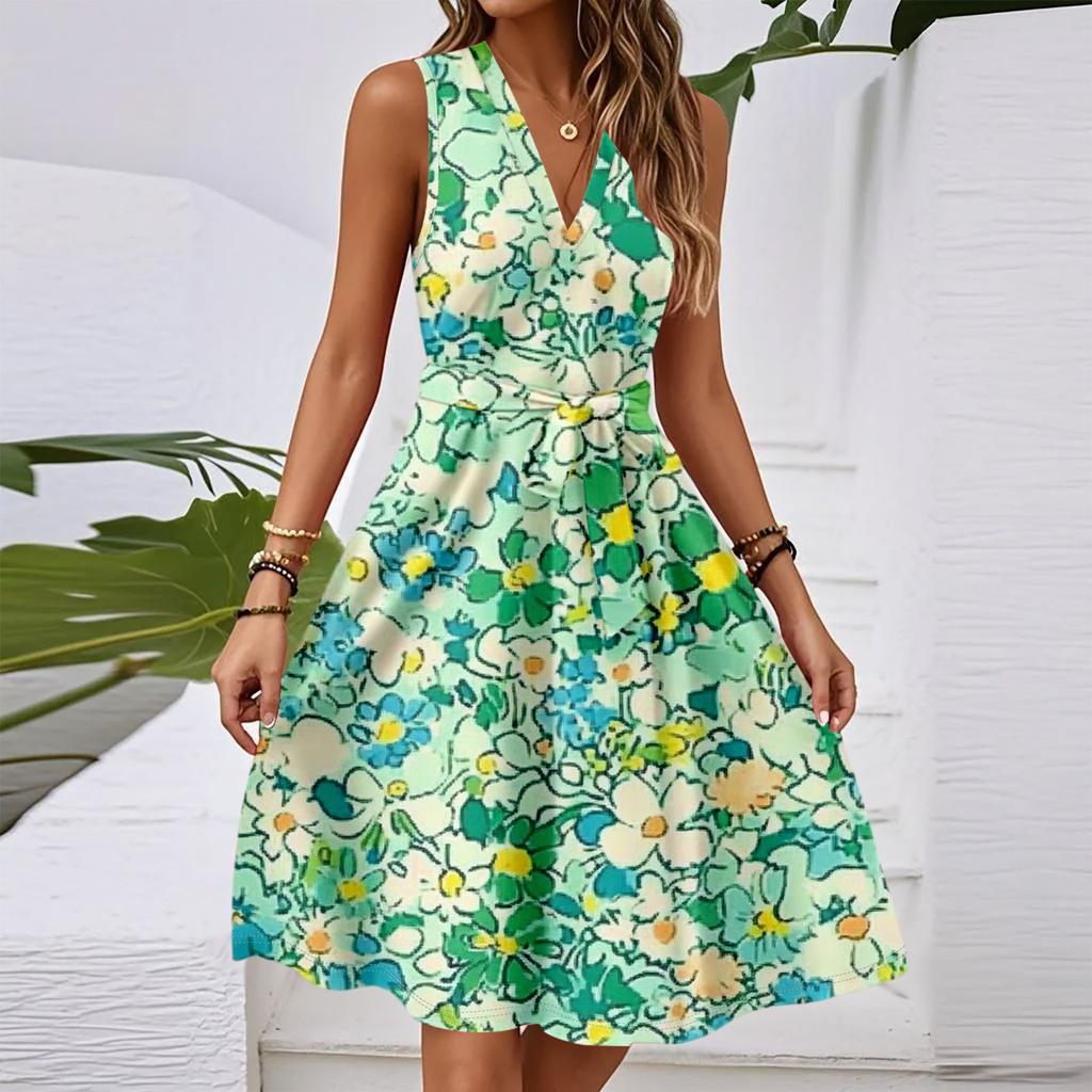 Women's Spring And Summer Casual V-Neck Sleeveless Waist Floral Print Midi Dress