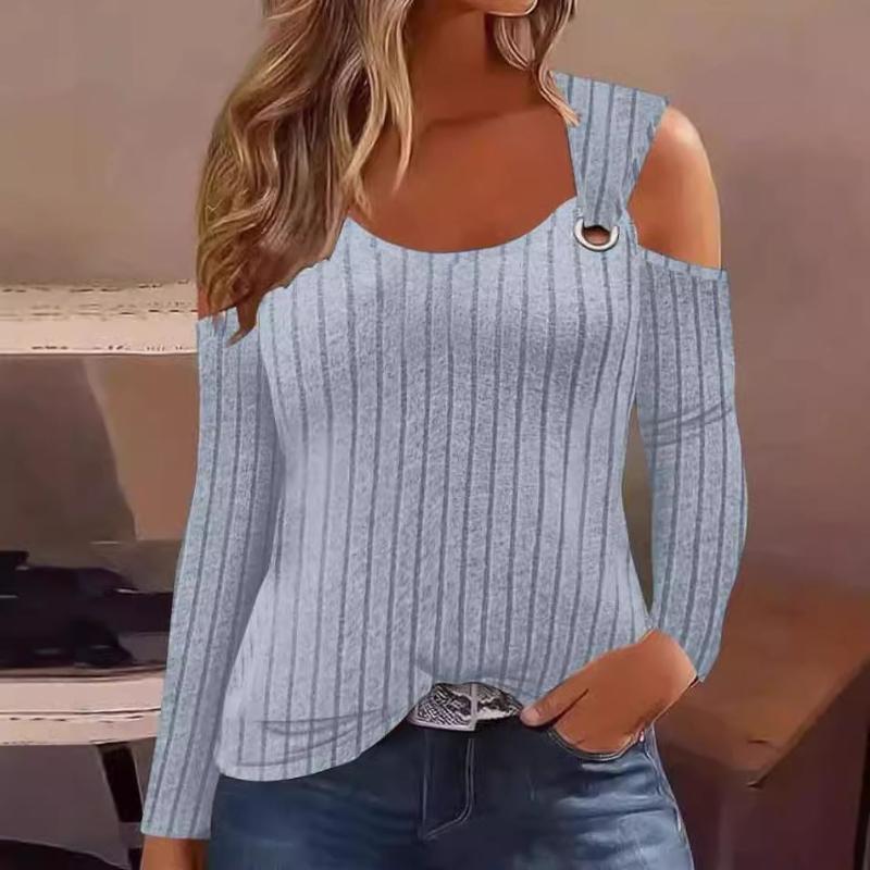 Tops Women’s New Casual V-neck Metal Buckle Pit Strip Long-sleeved T-shirt