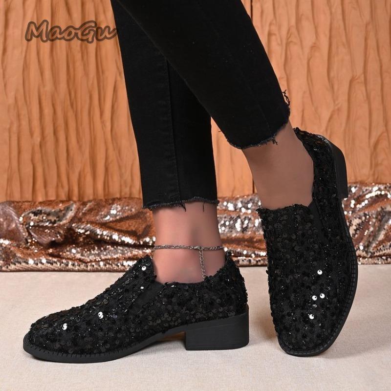 Black Sequins Women's Loafers Slip-on Mid-heel Pumps Fashion Casual Mary Janes Autumn Versatile Ladies Shoes Zapatos De Mujer