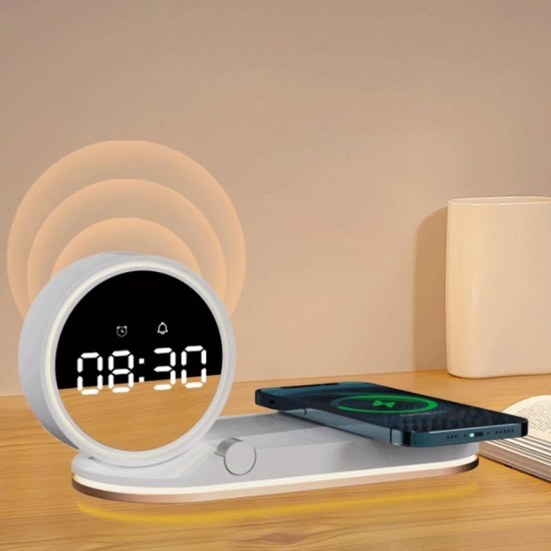 15W Wireless Charger Stand with Alarm Clock and Type-C Port-Desktop Multifunctional Fast Charging ABS Material for Smartphones