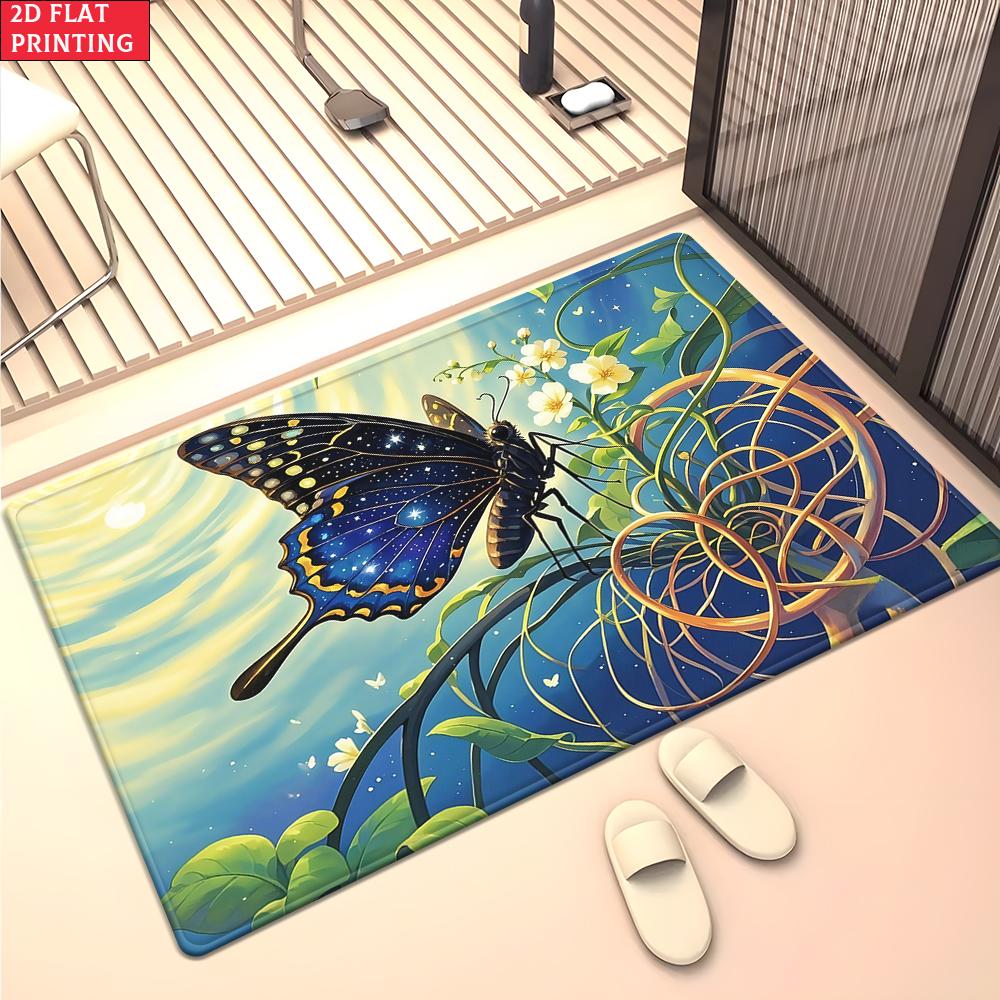 Galaxy Starry Sky Butterfly Area Rug, Non-Slip Floral Print Carpet for Living Room Bedroom, Aesthetic Boho Floor Mat Home Decor
