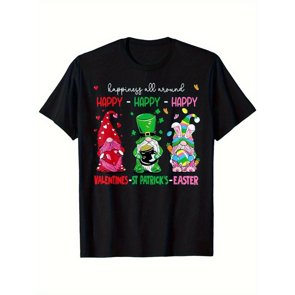 

Patrick Day and Valentine s Day gnome pattern four-leaf clover heart and dwarf hat design loose round neck short sleeve S