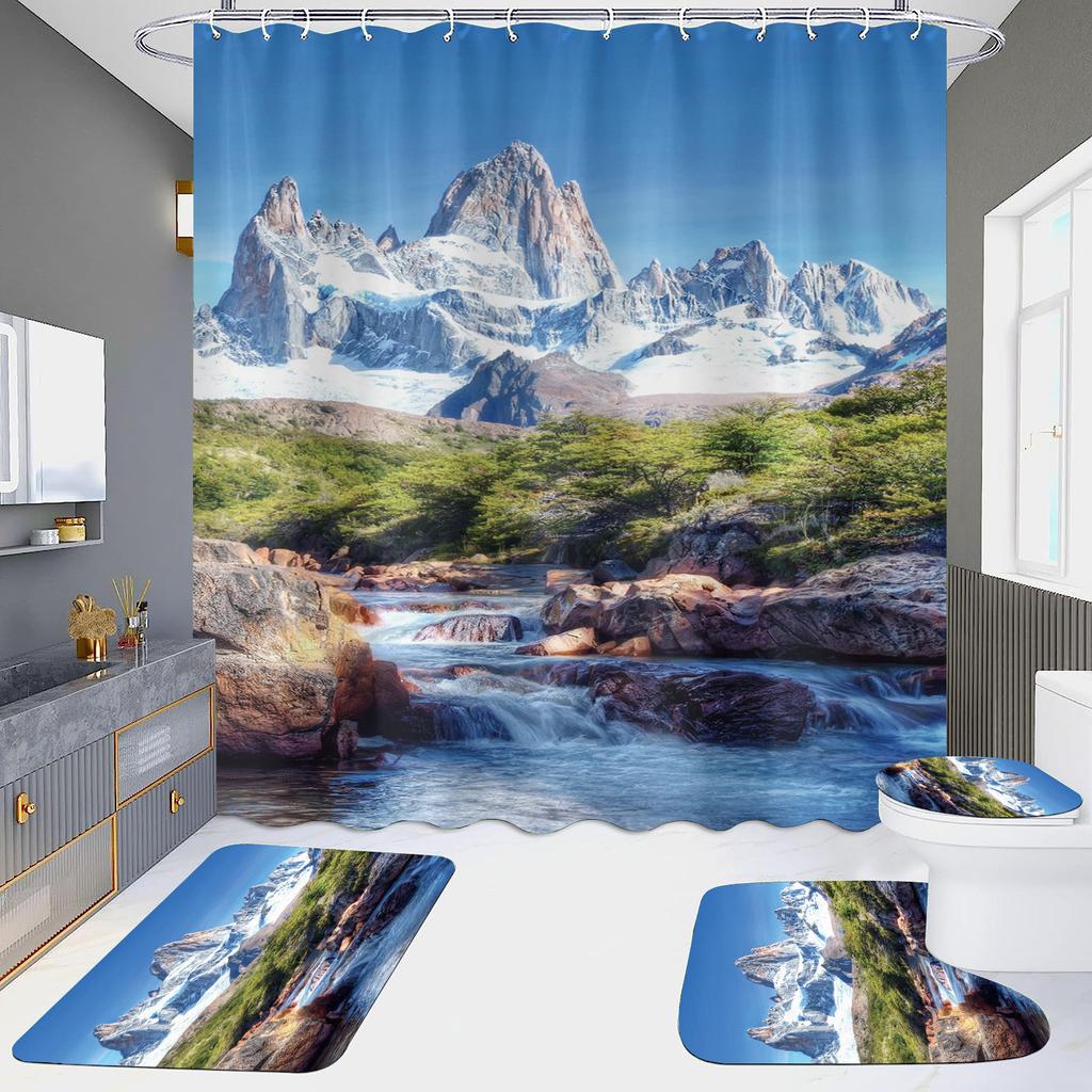 High Definition Digital Printing Shower Curtain Four-Piece Set Of Non-Punching Bathroom Bathroom Bathroom Partition Curtain Landscape