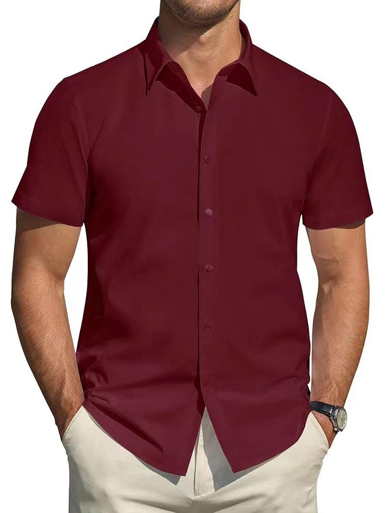 

2025 Men s Summer Short-Sleeve Solid Color Cardigan Casual Formal Shirt XXXXL бордовий
