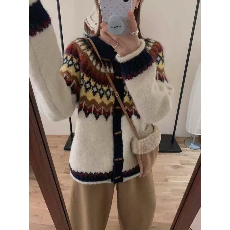 

Жакет-свитер Fair Isle, женская одежда, осень и зима, новый свободный, с круглым вырезом, в стиле ретро, жаккардовый, на вязаной кардигане с пуговицами из рога one size fits all