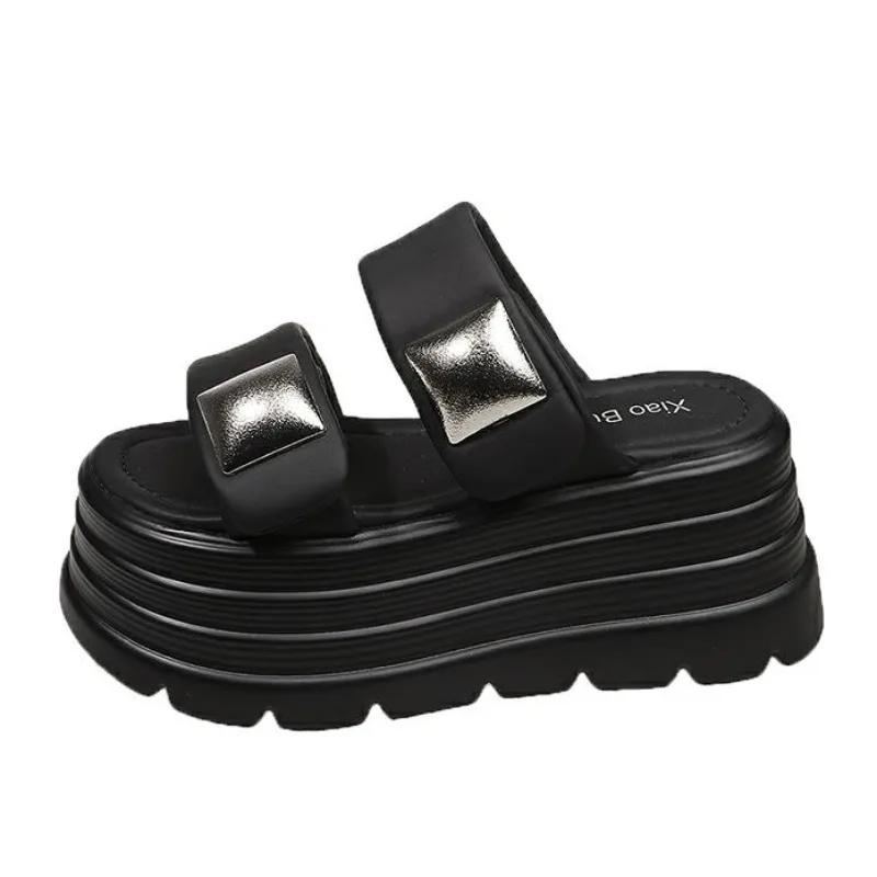 Fashion 8CM New Platform Slippers Women Summer Anti-slip High Heels Leather Chunky Sandals Casual Peep Toe Flip-flops Beach Wedge Shoes