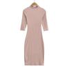 Women's Elegant Ribbed Knit Bodycon Dress - Pink, Long Sleeve, Mid-Length, Summer Style
