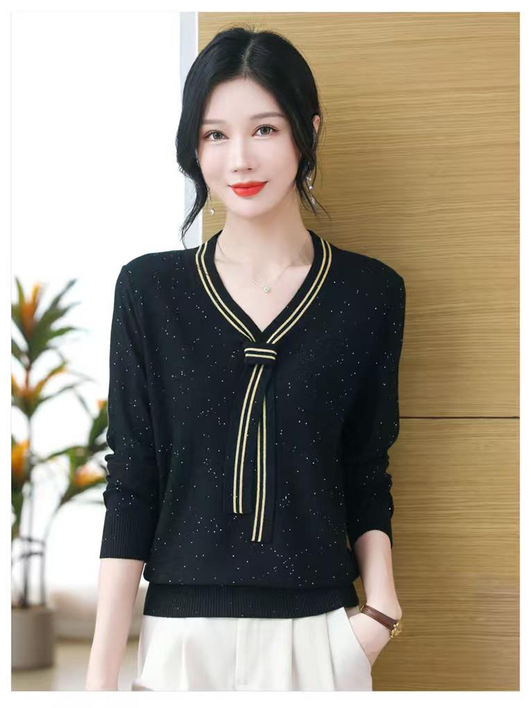 

Блестящий шерстяной свитер с V-образным вырезом большого размера из ледяного шелка: Трендовая осенне-зимняя мода для женщин L чёрный