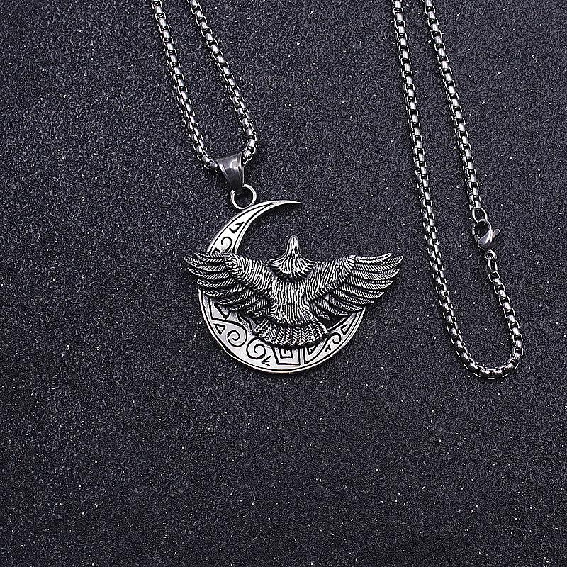 Mond und Fliegender Adler Anhänger Halskette Für Männer Frauen Retro Hiphop Silber Edelstahl Kasten Kette Hippie Schmuck
