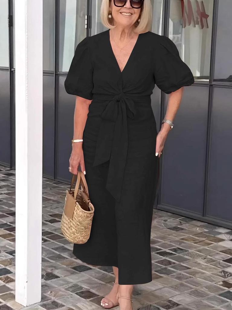 2026 Spring/Summer V-neck Lace-up Puff Sleeve Cotton Dress for Women