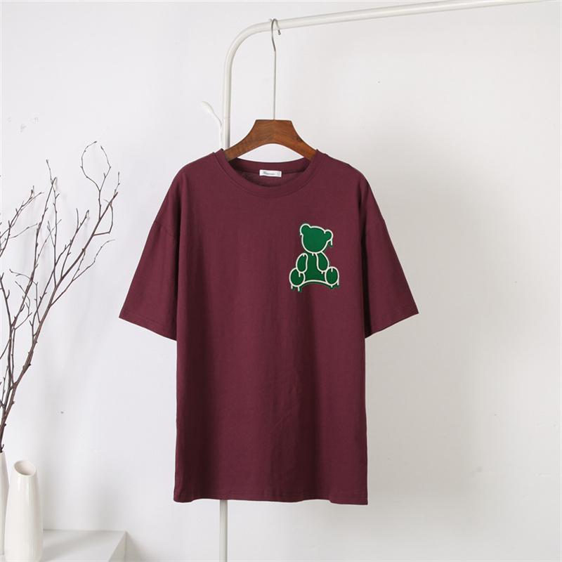 

Shellsuning летние свободные футболки с короткими рукавами из 100% хлопка, женские корейские футболки с 3D рисунком медведя, женские модные базовые топы High Street 3XL вино красного