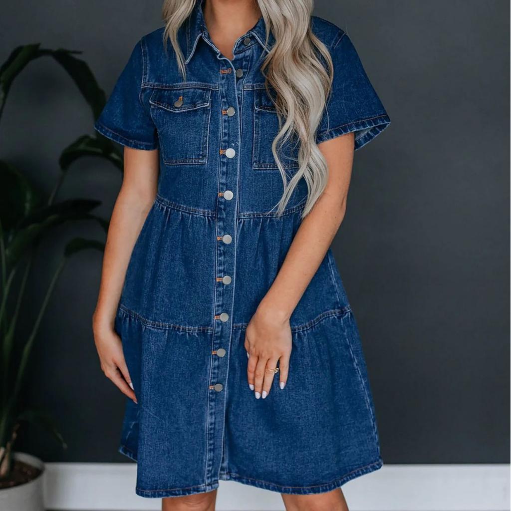 IHUASU Rochie Casual din Denim cu Rever și Mânecă Scurtă de Vară
