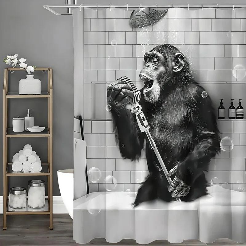 

Funny Monkey Black And White Fun Animals In Bathtub Shower Curtain, Bathroom Decorative Shower Curtain, Waterproof Shower Curtai W60H190(CM)-1 Pcs