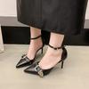 Fashion Summer New Pointed Toe Shallow Mouth Metal Buckle Strap Pumps Wear-Resistant Sandals Pointed Toe High Heels Shoes for Women