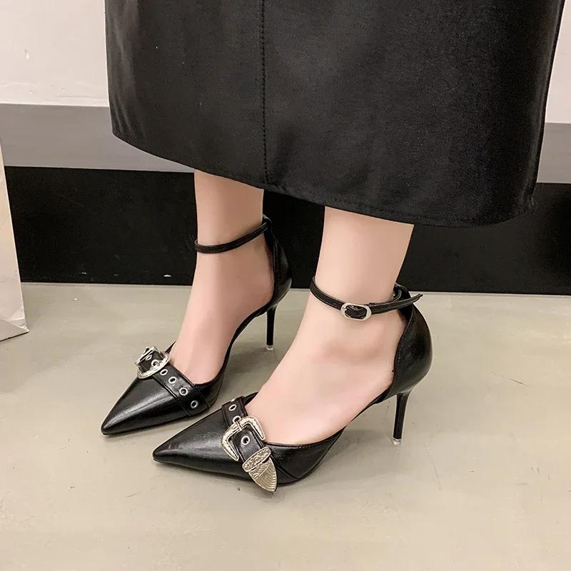 Fashion Summer New Pointed Toe Shallow Mouth Metal Buckle Strap Pumps Wear-Resistant Sandals Pointed Toe High Heels Shoes for Women