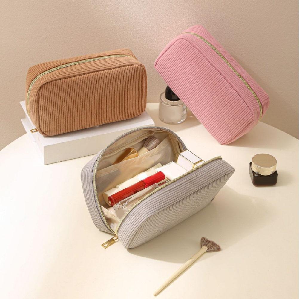 Travel Cosmetic Bag Corduroy Fabric Portable Makeup Storage Case for Toiletries Electronics Compact Lightweight Handheld