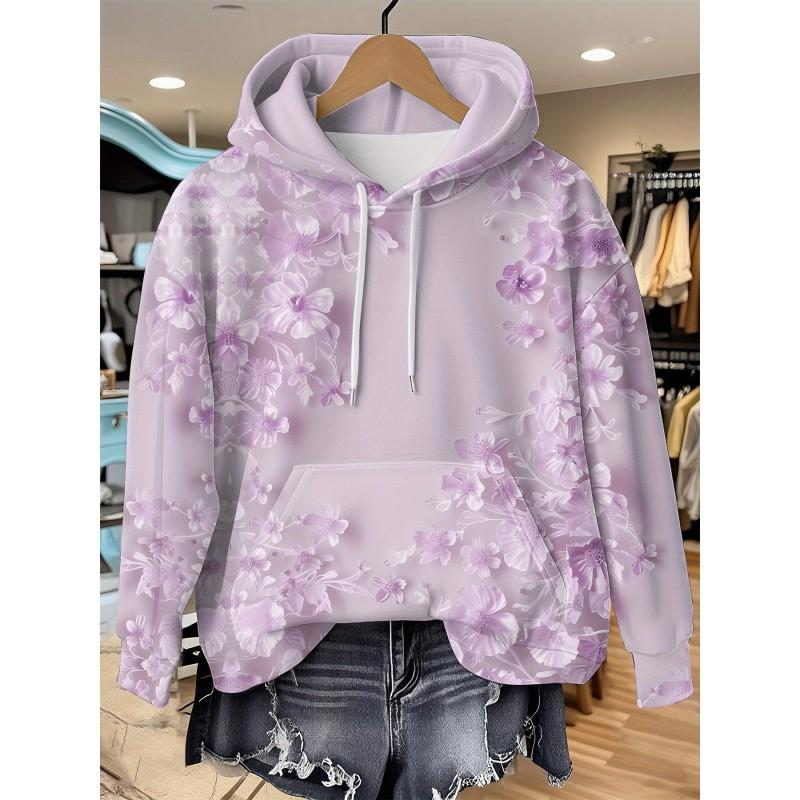 Womens Relaxed Fit Hooded Long Sleeve Sweatshirt With 3D Floral Plaid Print Breathable Comfort Casual Top