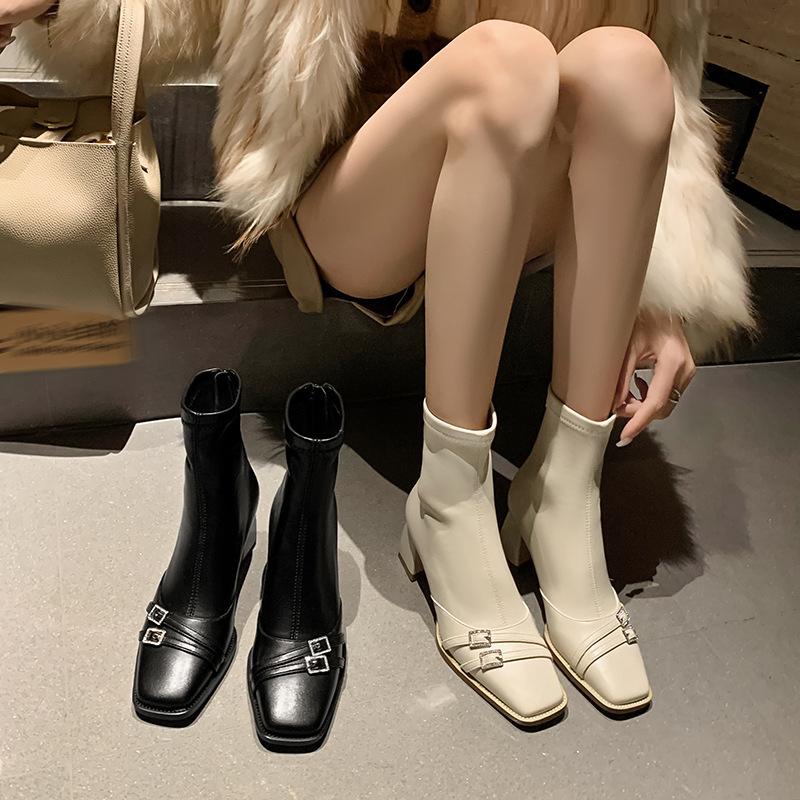 Rhinestone buckle French square head high heel elastic versatile commuter thick heel white short boots women's spring and autumn single boots