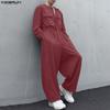 INCERUN Men Collarless Long Sleeve Belt Solid Sports Casual Buttons Long Jumpsuits Rompers