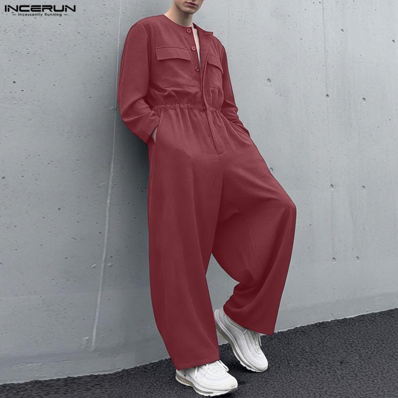 INCERUN Men Collarless Long Sleeve Belt Solid Sports Casual Buttons Long Jumpsuits Rompers