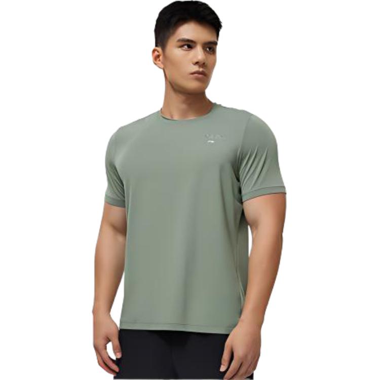 Li Ning Fitness Series Letter Print Round Neck Short Sleeve T-Shirt Men Tops Gray-Green ATST505-5
