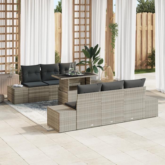 VidaXL Ensemble de salon de jardin 7 pièces avec coussins en poly rotin gris clair 3357845