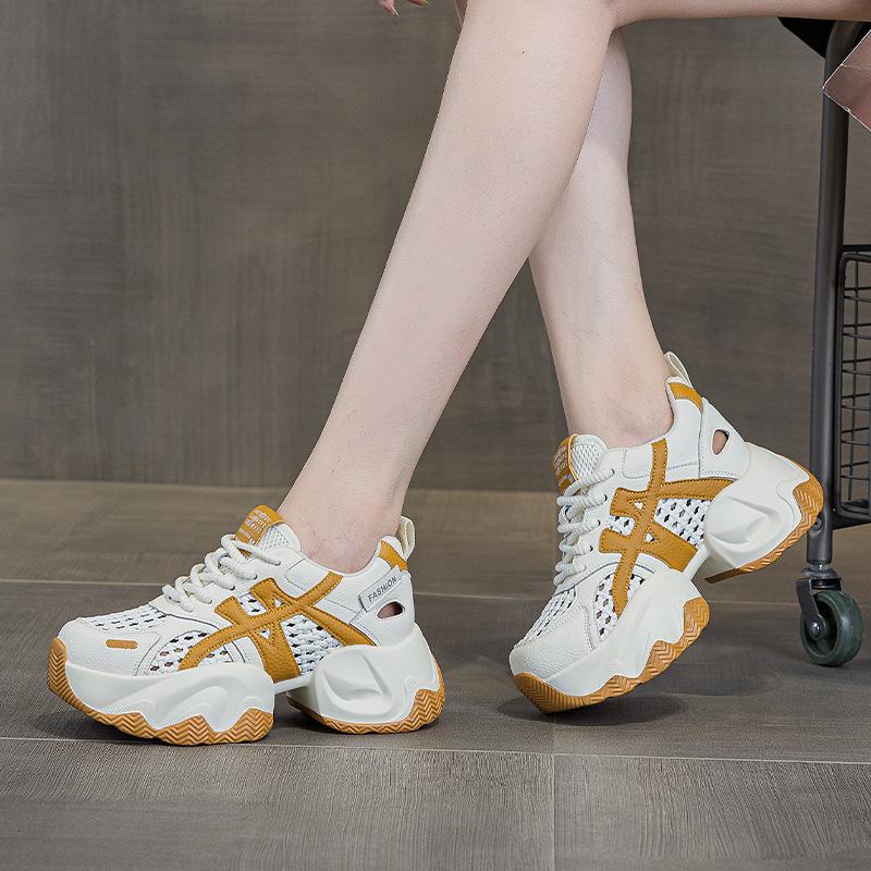 Hollow mesh dad shoes women s new summer versatile lightweight thick-soled heightening sneakers 33 жёлтый