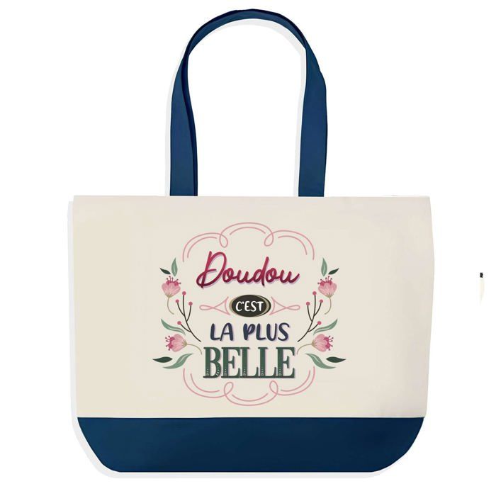 Tote bag - PLANETEE - Sac shopping fond bleu Doudou la plus belle - Coton 40x45 cm - Sans fermeture - Fabriqué en France