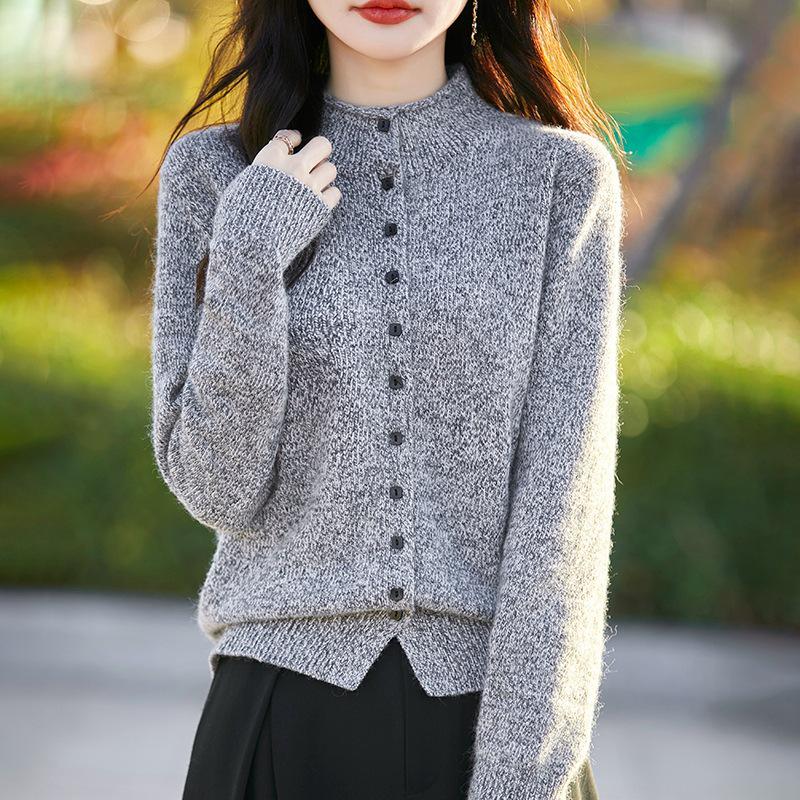 Heathered Wool Long Sleeve Rolled Edge Cardigan Sweater with Semi-High Neck 