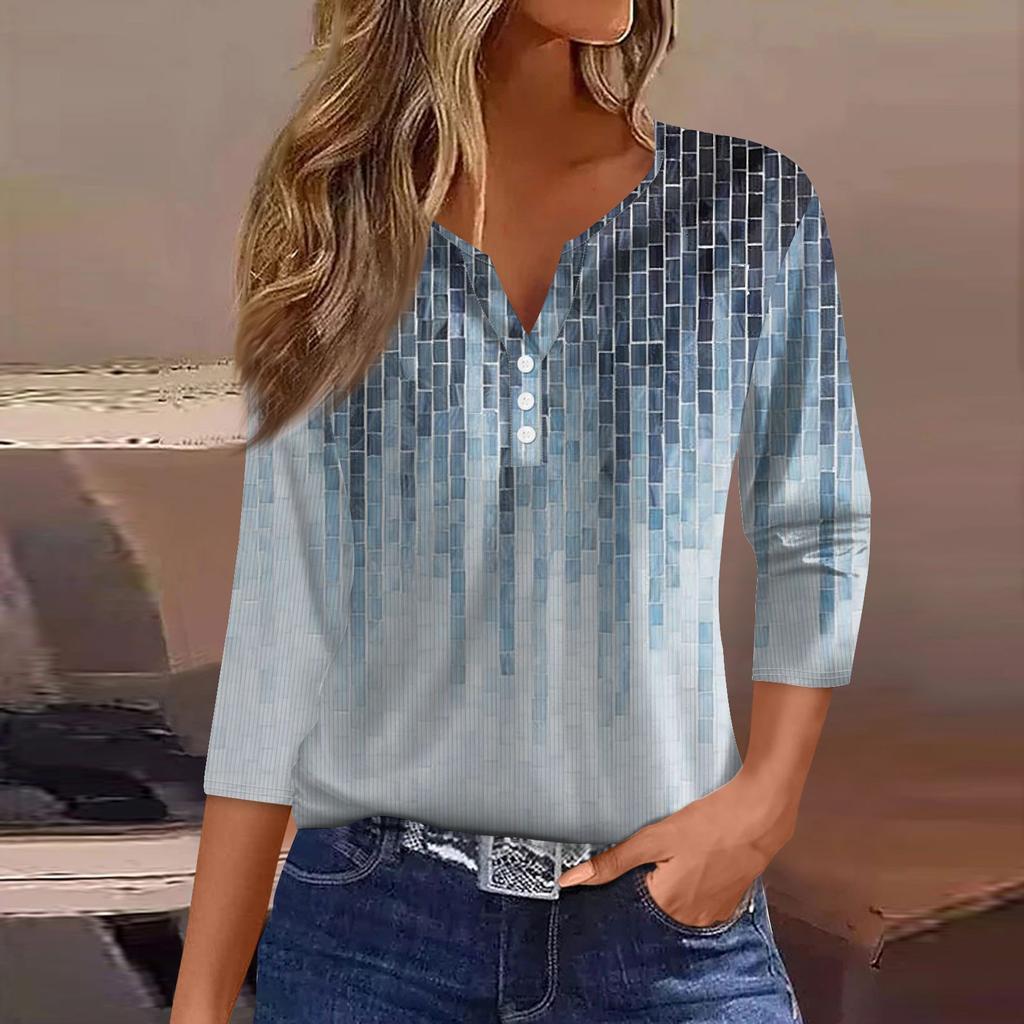 Women's T Shirt Tee Print Button 3/4 Sleeve Tunic Daily Weekend Fashion Basic V- Neck Regular Top