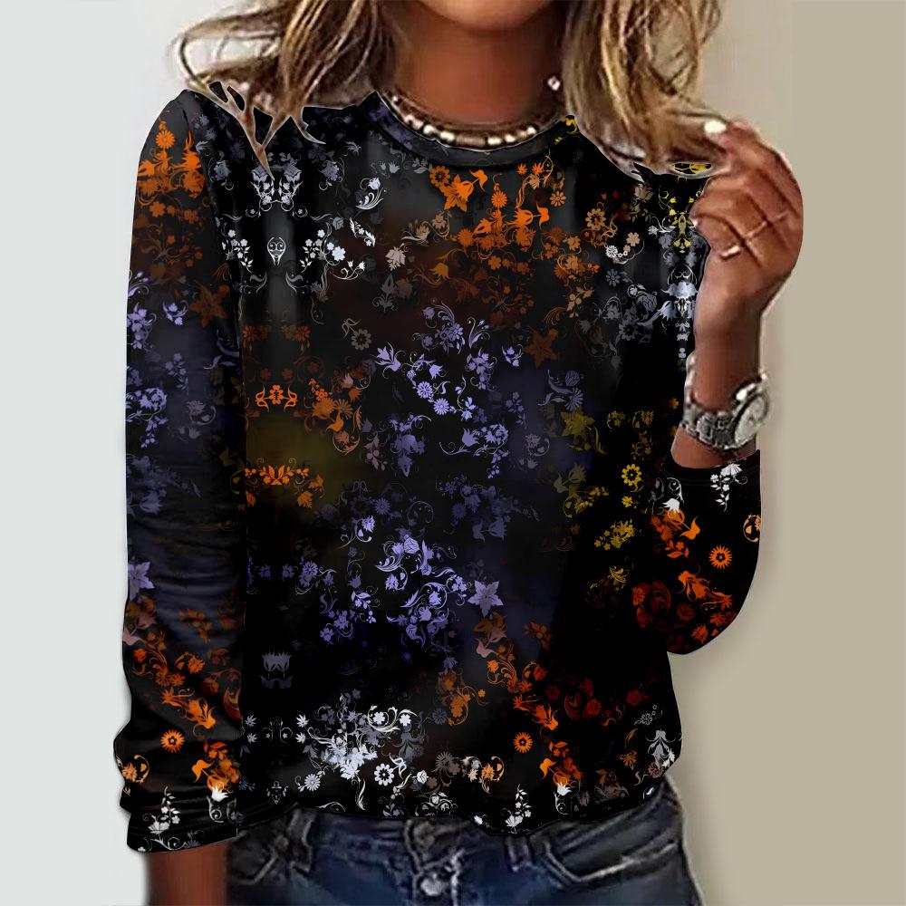 Loose Round Neck Long Sleeve Fashion Printed Top Simple T-Shirts Women’s