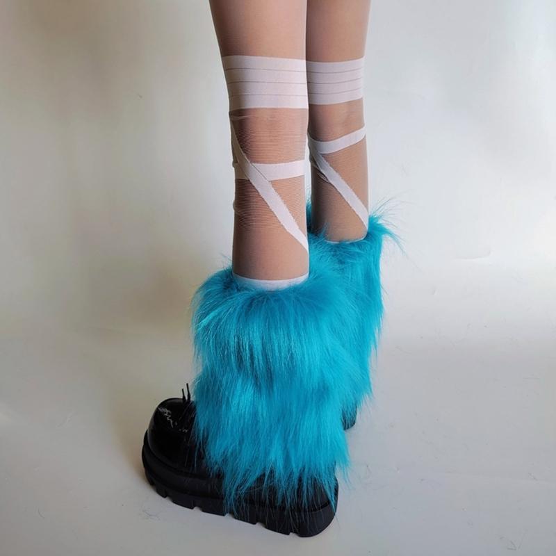 Women's Fuzzy Bright Blue Leg Warmers Soft Plush Winter Accessory for Costume Parties Furry Boot Toppers Footless Socks