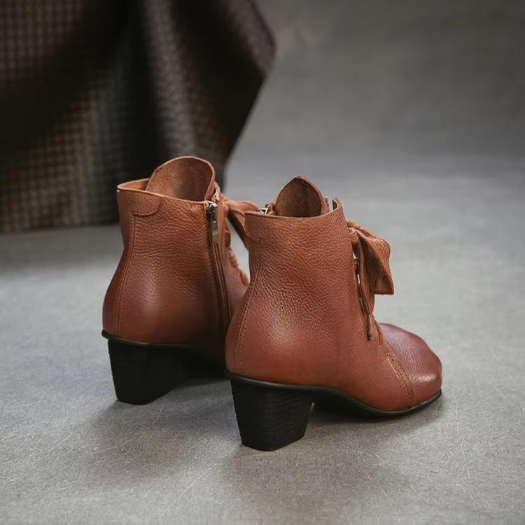 Johnature Genuine Leather Side Zipper Round Toe Coarse Heel Short Boots Versatile Women's Shoes