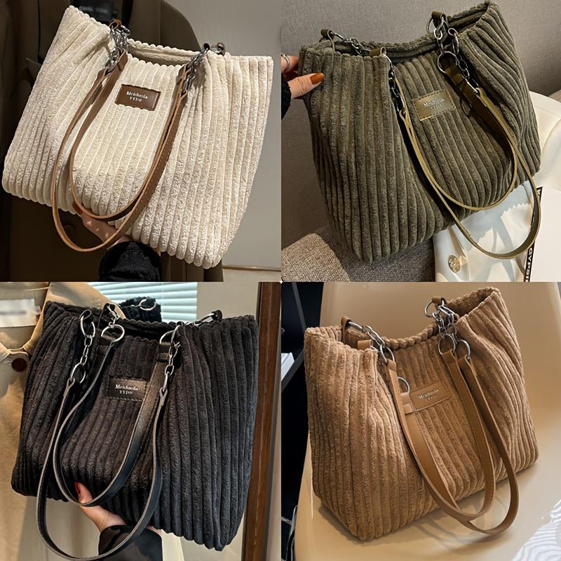 An Elegant Corduroy Handbag for Women,Featuring A Chain Shoulder Strap,Spacious Design,Perfect for Daily Commuting,with A Polyester Lining,Zip Closure
