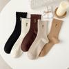 5pairs Crew Length Mid Tube Socks Tulip Floral Embroidery Ruffle Socking  Autumn Winter