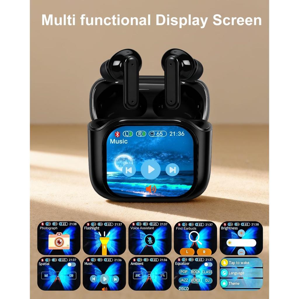 Bluetooth 5.4 ANC In-Ear Earbuds with Touch Interactive Screen, Hi-Fi Stereo Noise Cancelling Wireless Earphones for Gaming Work Sports